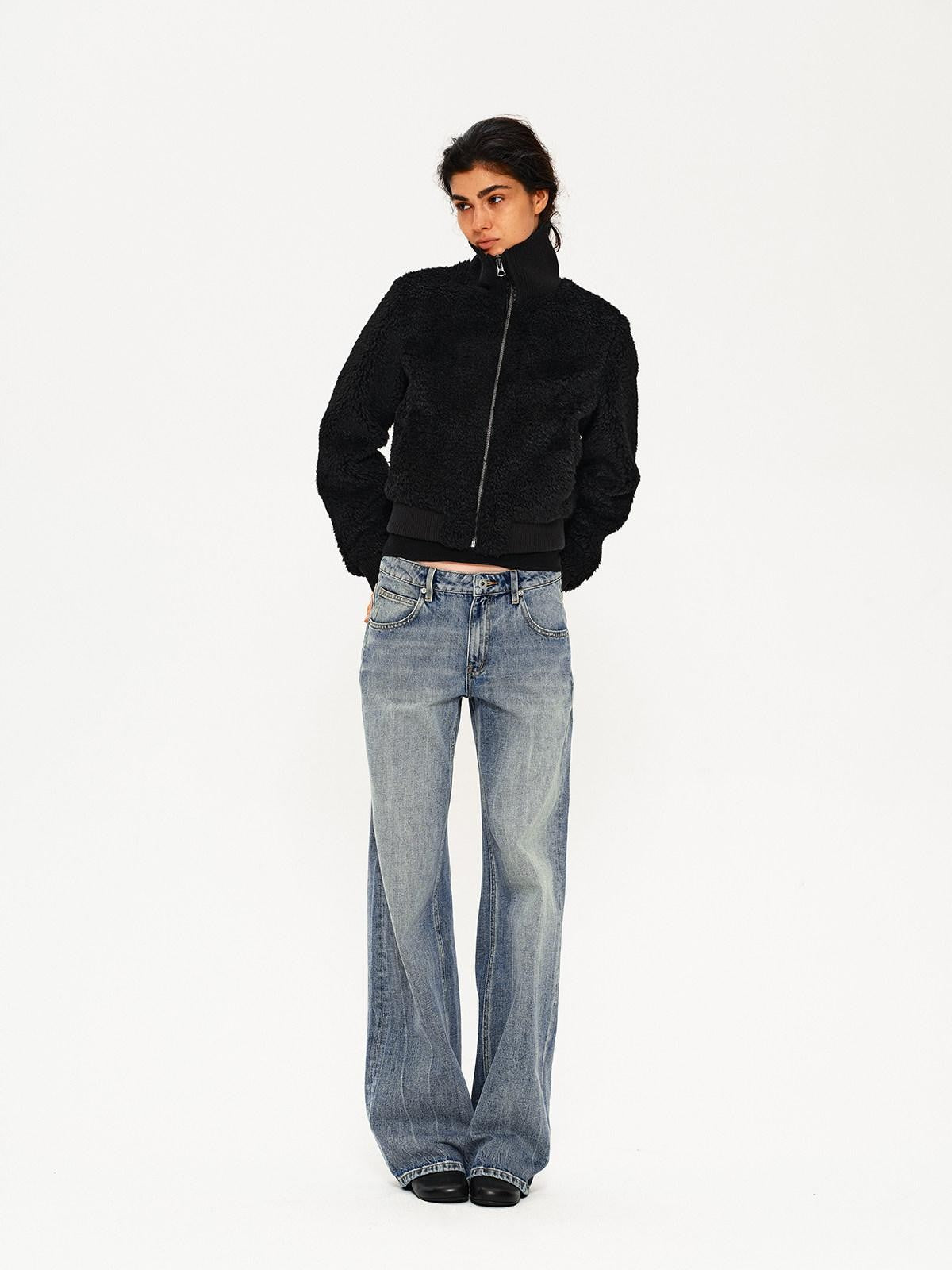 Northbutsouth Curly Lamb Patchwork Stand Collar Ribbed Hem Women&