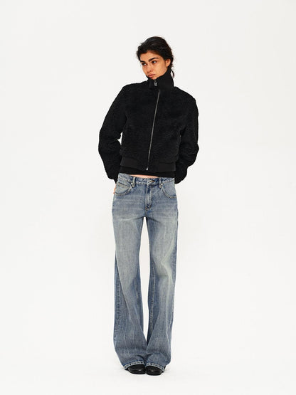 Northbutsouth Curly Lamb Patchwork Stand Collar Ribbed Hem Women&