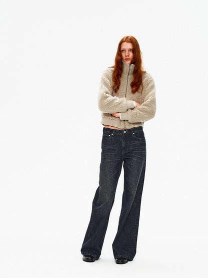 Northbutsouth Curly Lamb Patchwork Stand Collar Ribbed Hem Women&