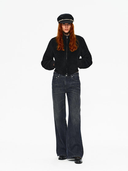 Northbutsouth Curly Lamb Patchwork Stand Collar Ribbed Hem Women&