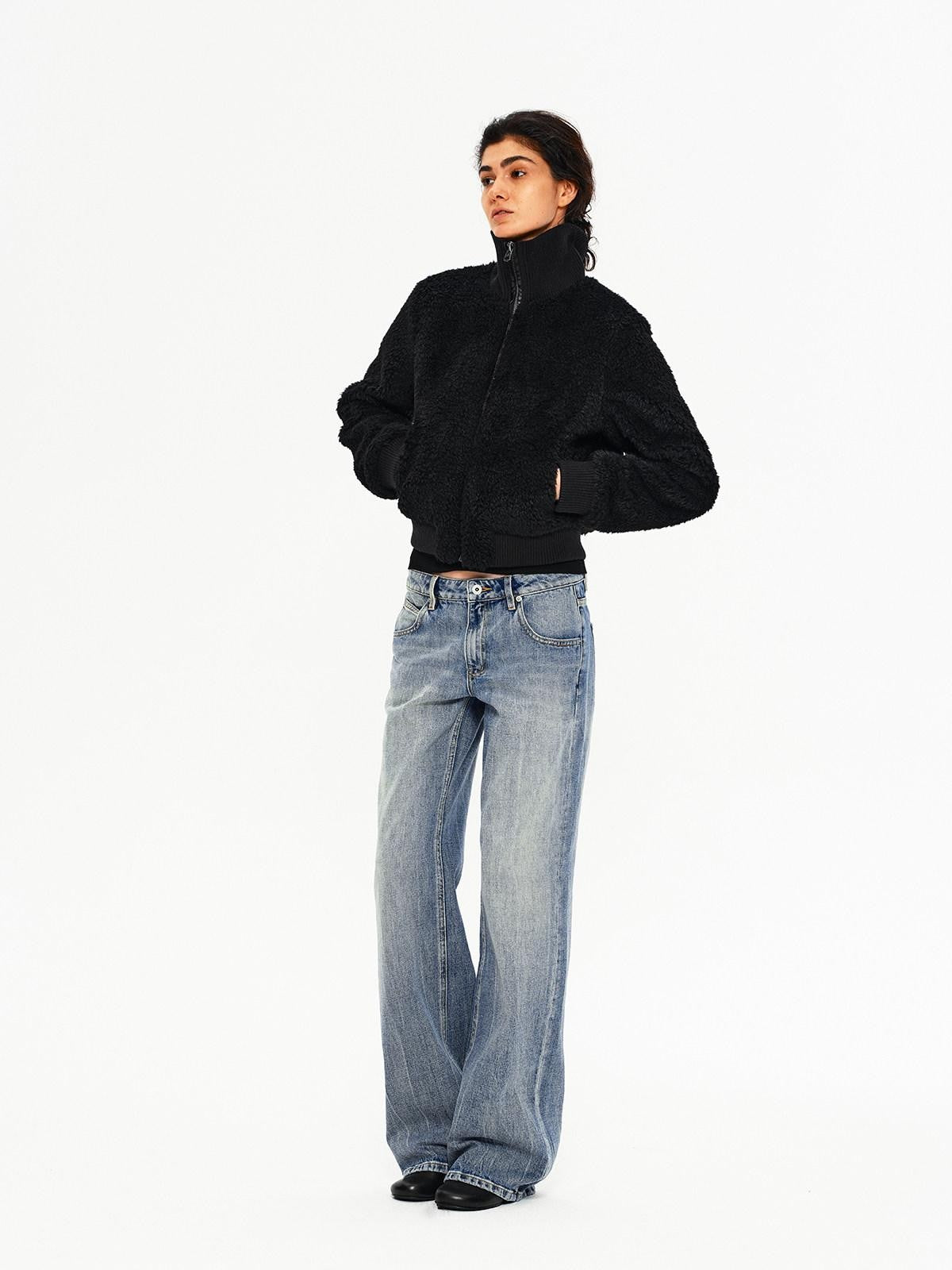 Northbutsouth Curly Lamb Patchwork Stand Collar Ribbed Hem Women&