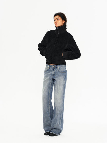 Northbutsouth Curly Lamb Patchwork Stand Collar Ribbed Hem Women&