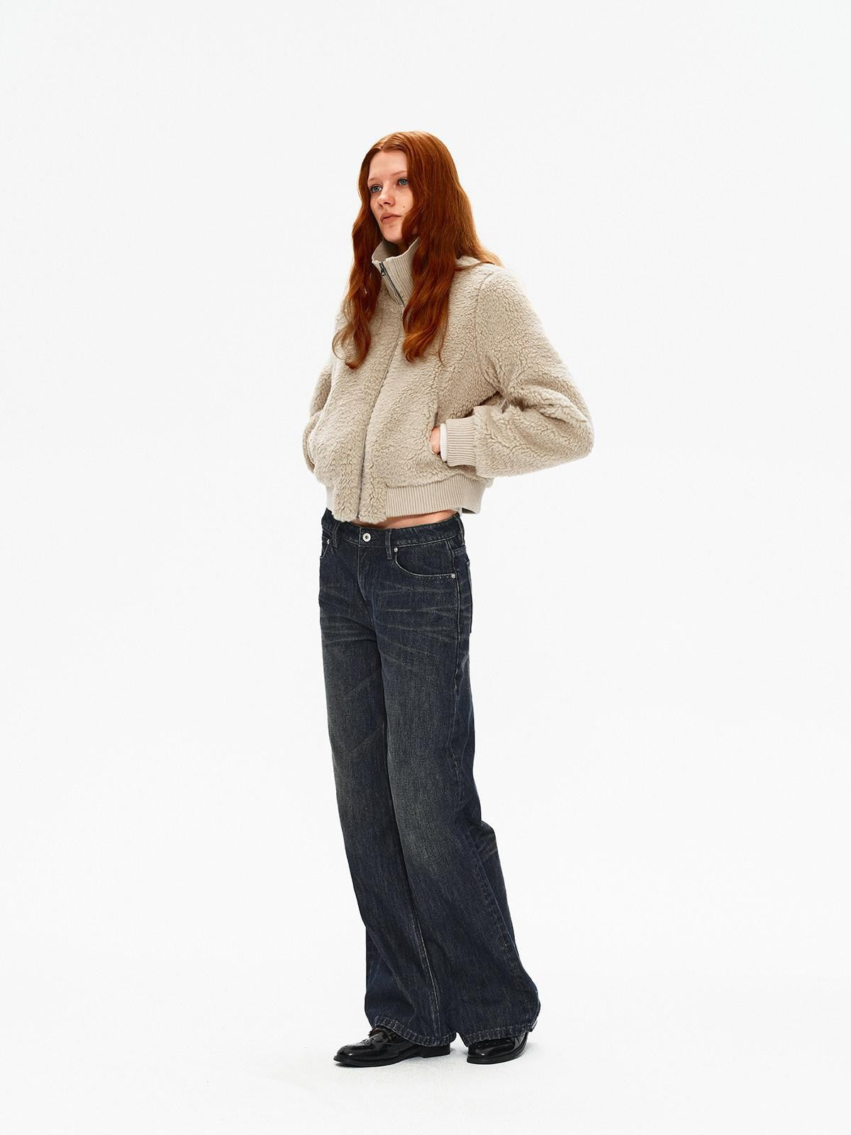 Northbutsouth Curly Lamb Patchwork Stand Collar Ribbed Hem Women&