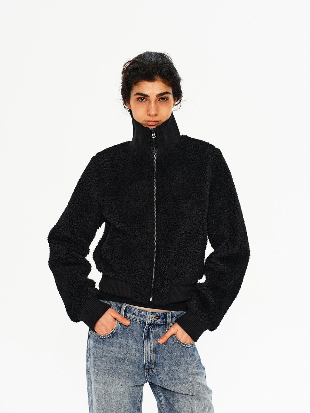 Northbutsouth Curly Lamb Patchwork Stand Collar Ribbed Hem Women&