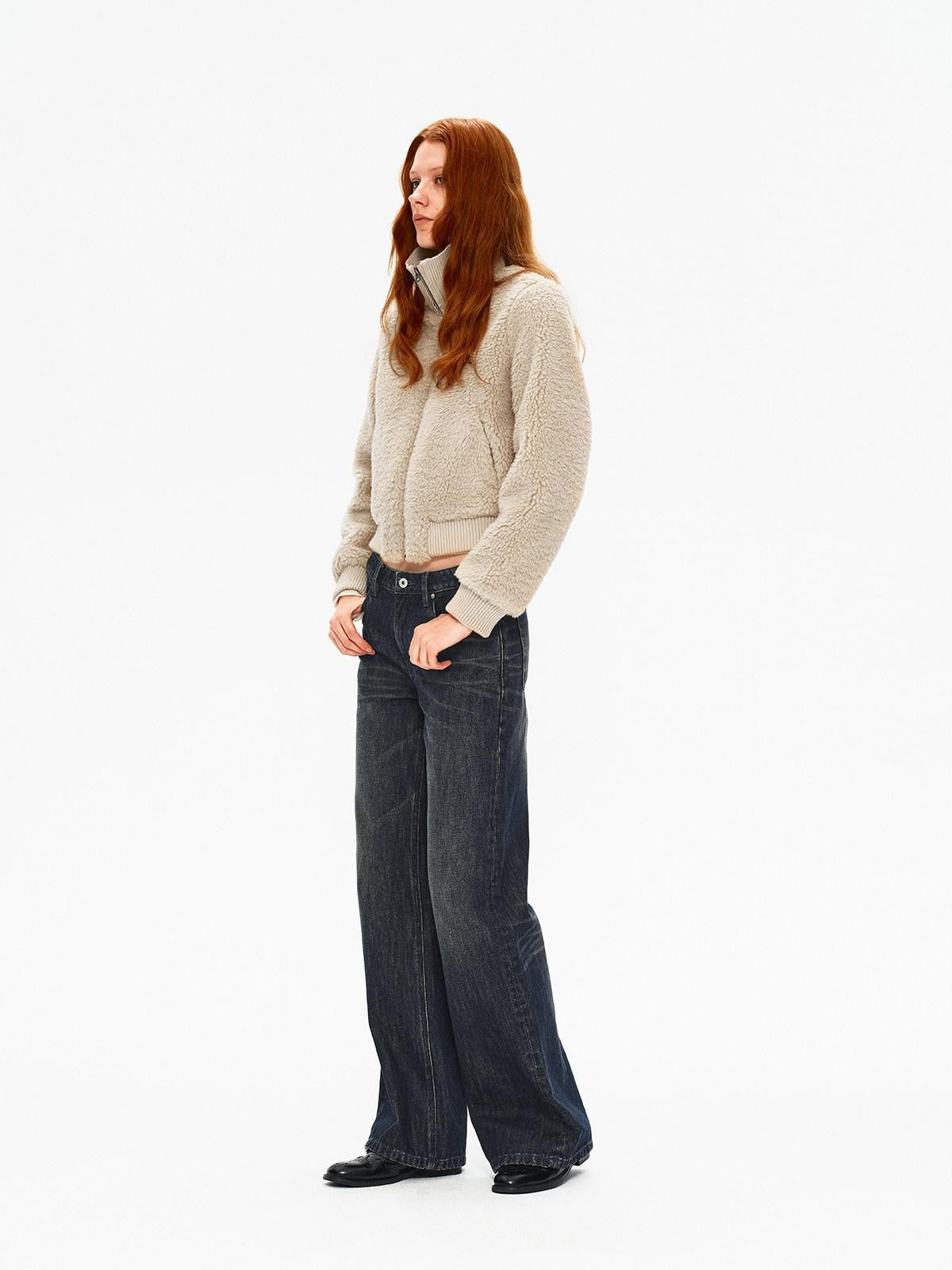 Northbutsouth Curly Lamb Patchwork Stand Collar Ribbed Hem Women&