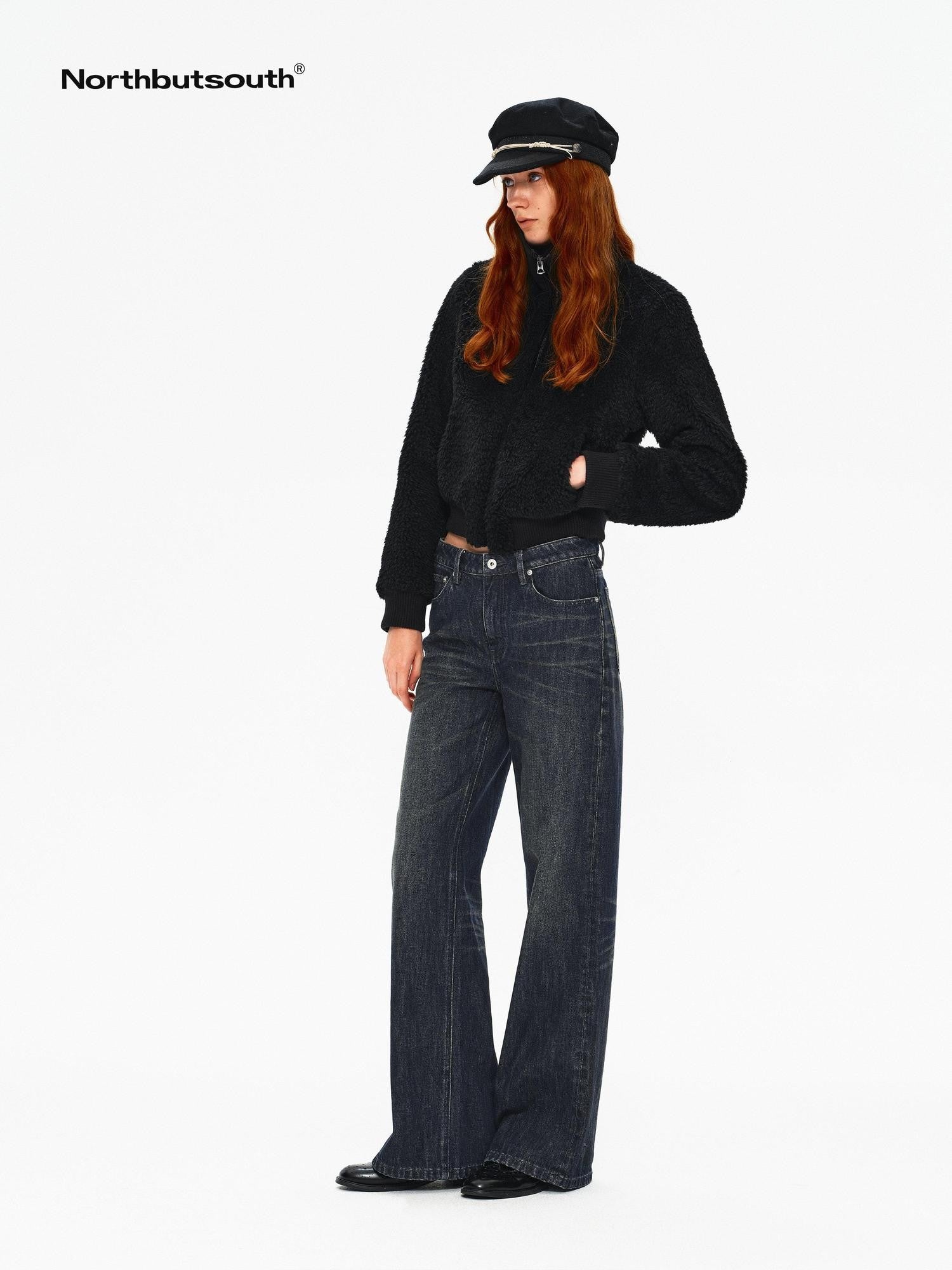 Northbutsouth Curly Lamb Patchwork Stand Collar Ribbed Hem Women&