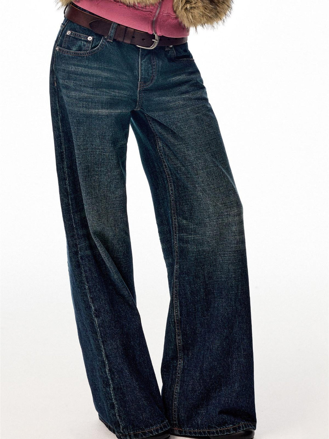 Northbutsouth Dark Indigo Slub Texture Retro Low Rise Casual Women&