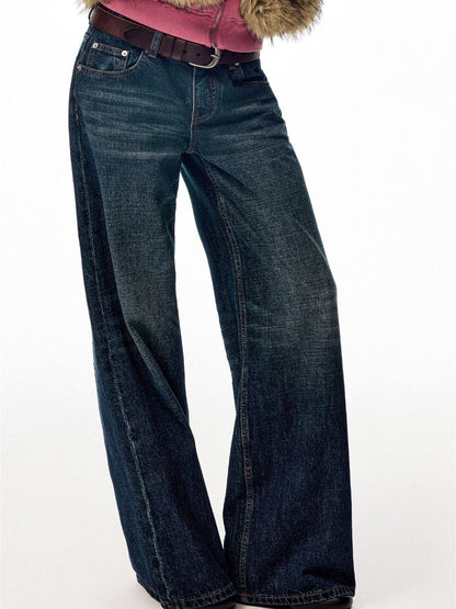 Northbutsouth Dark Indigo Slub Texture Retro Low Rise Casual Women&