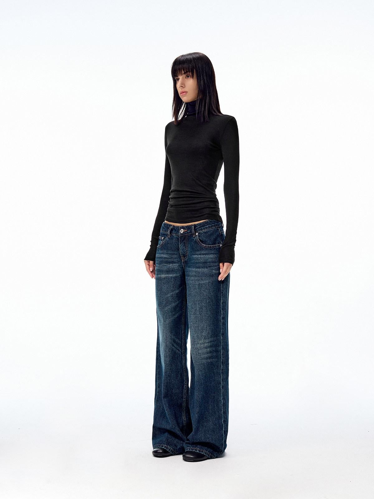 Northbutsouth Dark Indigo Slub Texture Retro Low Rise Casual Women&