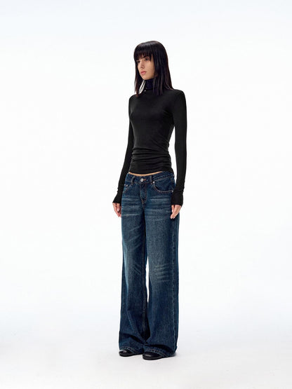 Northbutsouth Dark Indigo Slub Texture Retro Low Rise Casual Women&