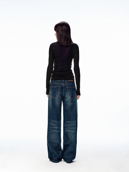 Northbutsouth Dark Indigo Slub Texture Retro Low Rise Casual Women&