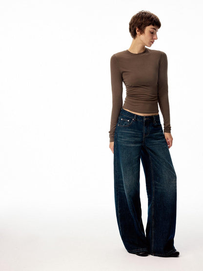 Northbutsouth Dark Indigo Slub Texture Retro Low Rise Casual Women&
