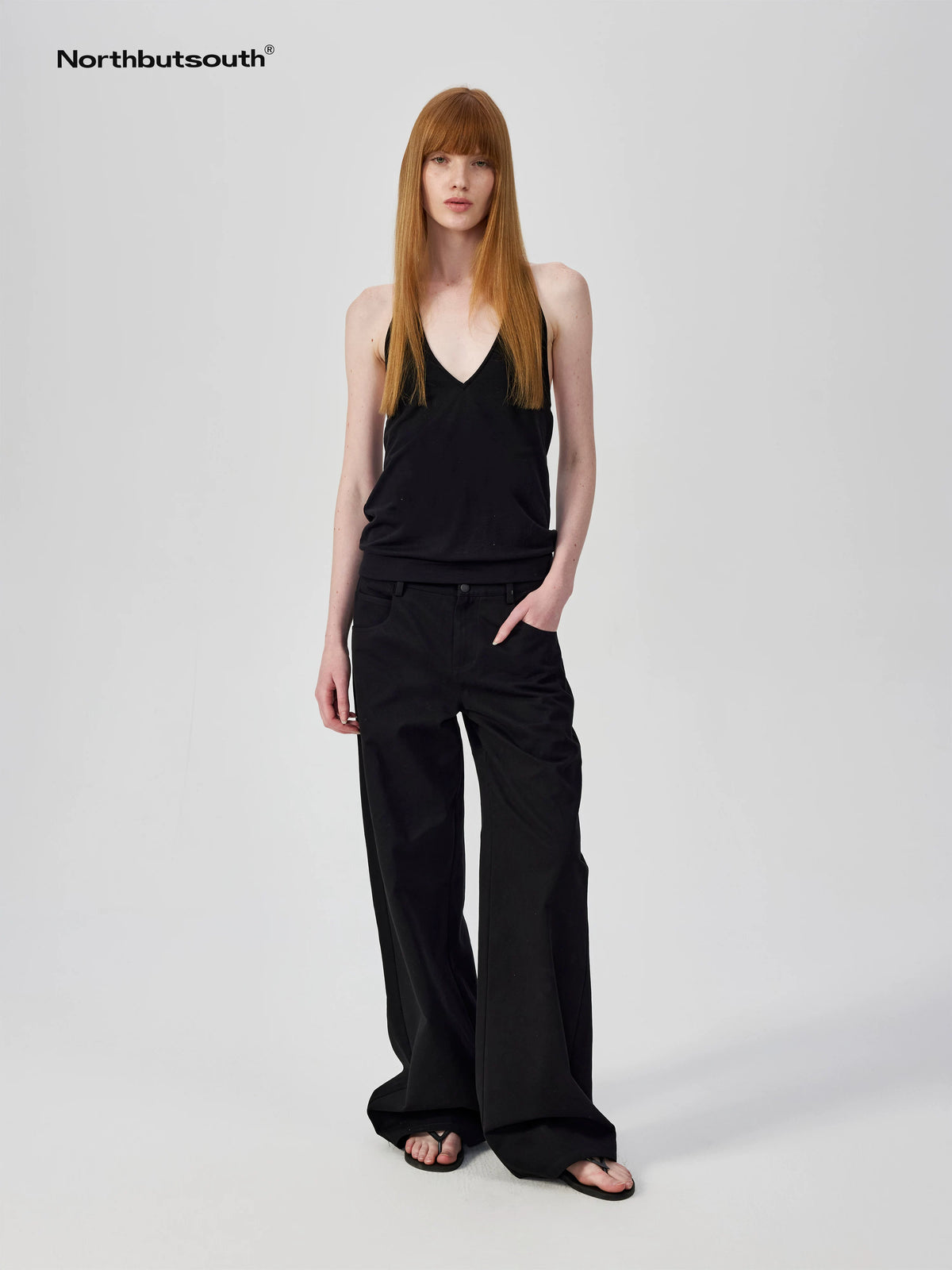 Northbutsouth Deep V Halter Backless Holiday Top In Black And White-5
