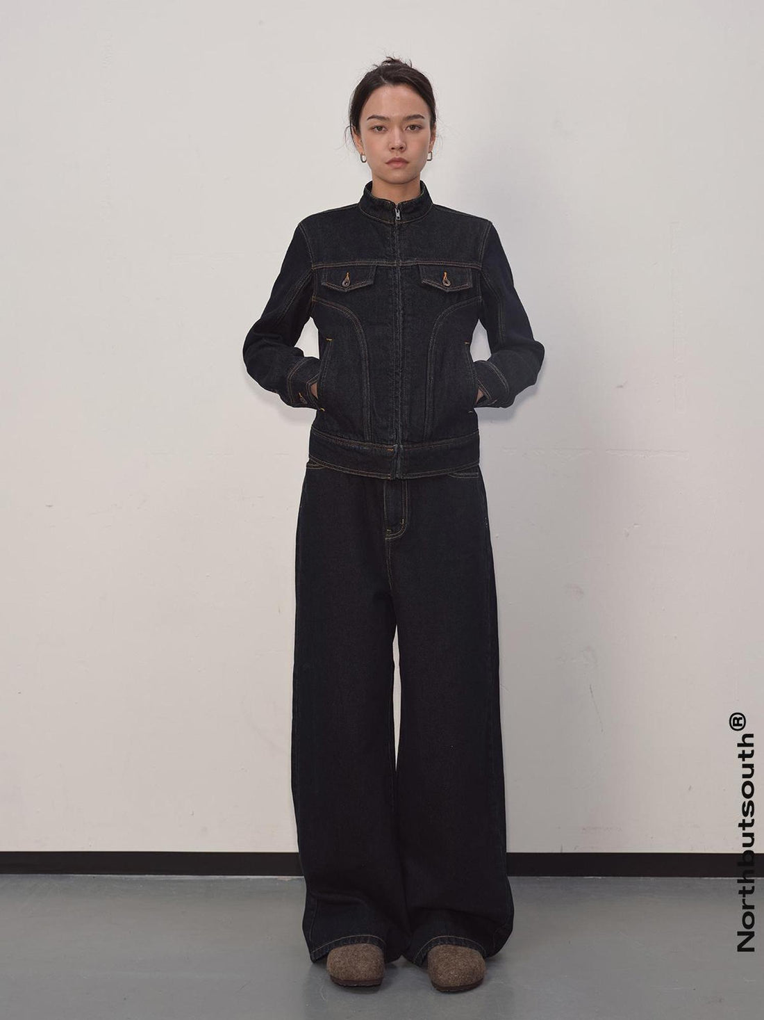 Northbutsouth Denim Suit Set With Cropped Jacket And Wide Leg Jeans