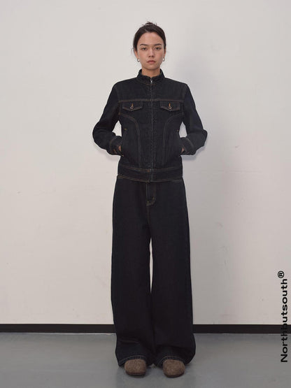 Northbutsouth Denim Suit Set With Cropped Jacket And Wide Leg Jeans
