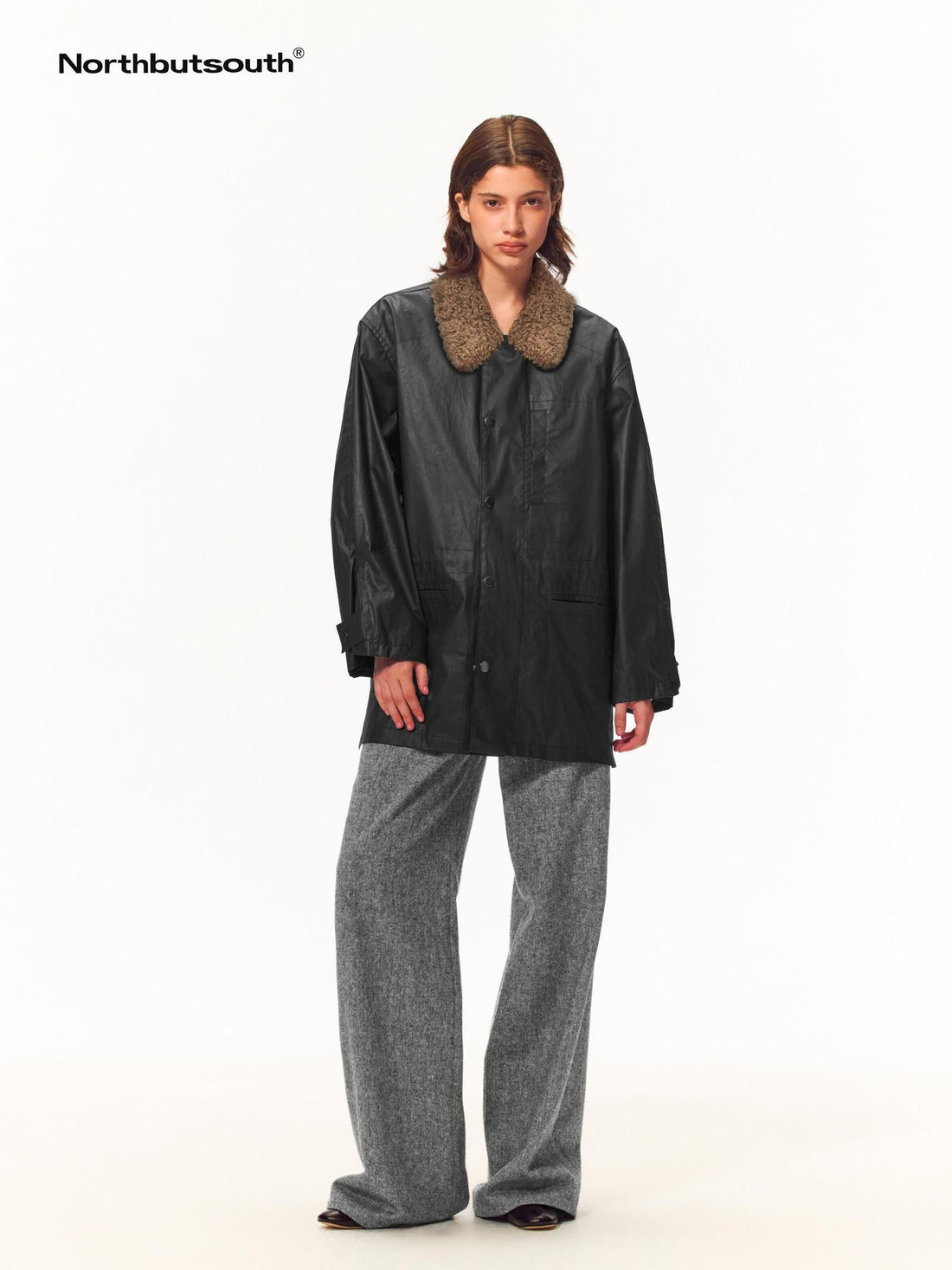 Northbutsouth Detachable Faux Fur Collar Mid Length Waterproof Windproof Waxed Women&