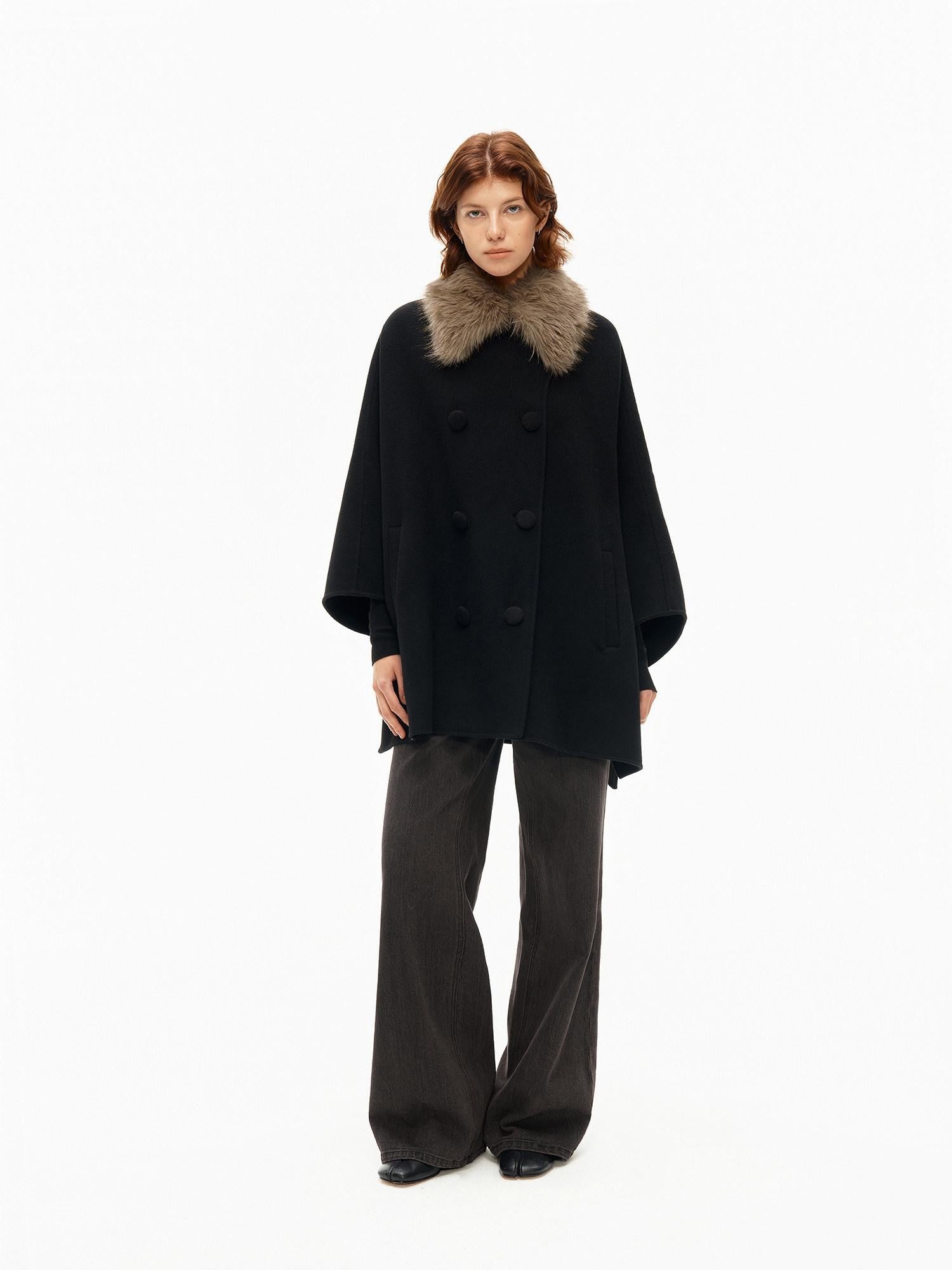 Northbutsouth Detachable Fur Collar Cape Batwing Women&