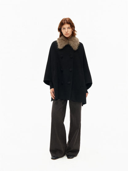 Northbutsouth Detachable Fur Collar Cape Batwing Women&