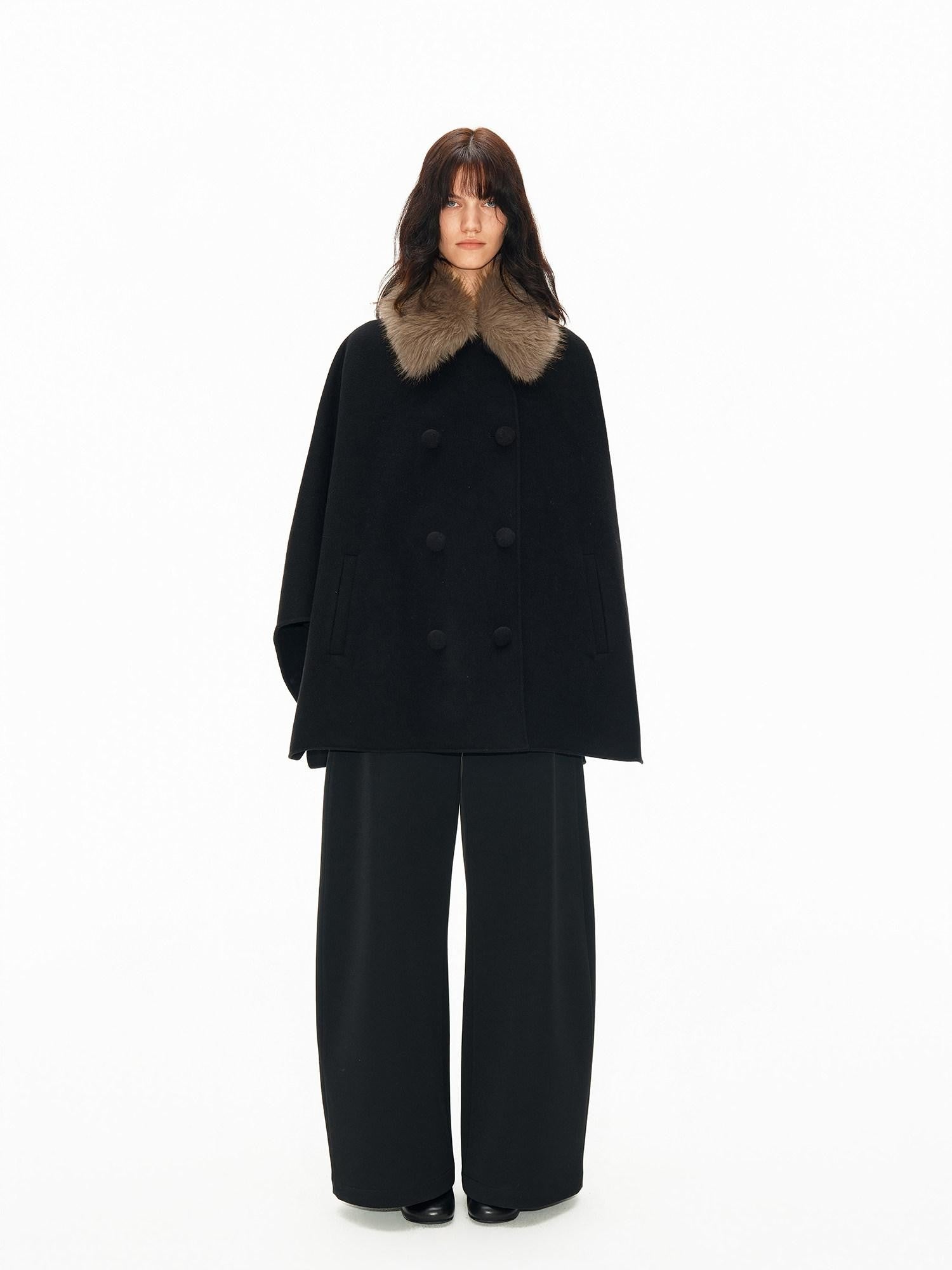 Northbutsouth Detachable Fur Collar Cape Batwing Women&