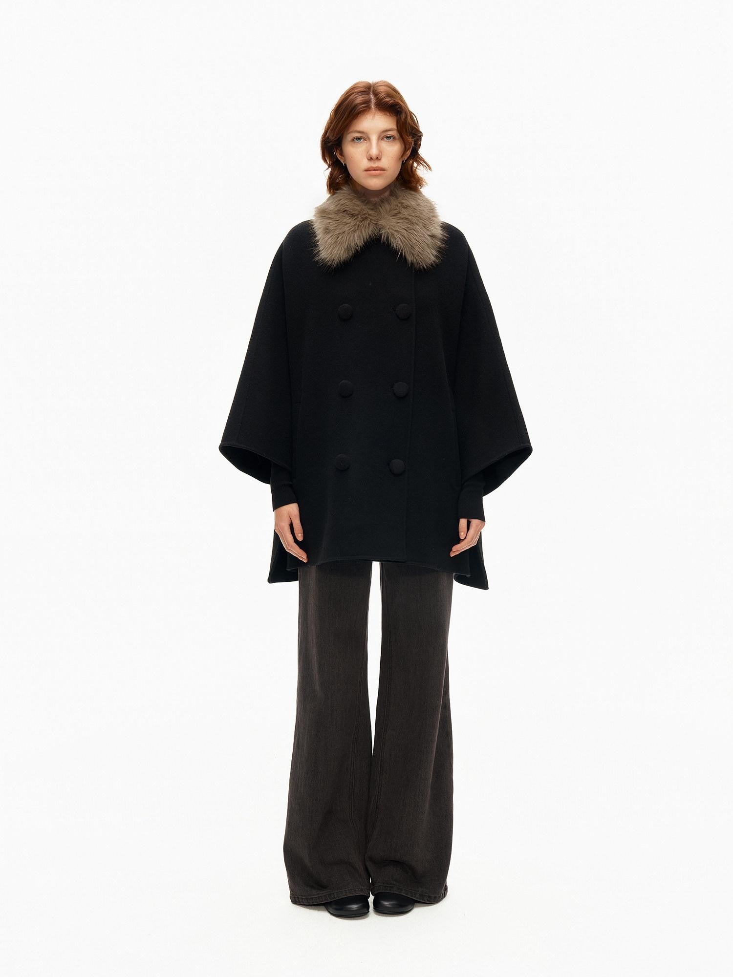 Northbutsouth Detachable Fur Collar Cape Batwing Women&