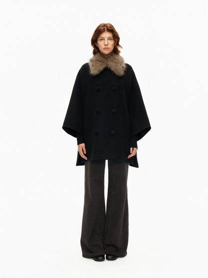 Northbutsouth Detachable Fur Collar Cape Batwing Women&