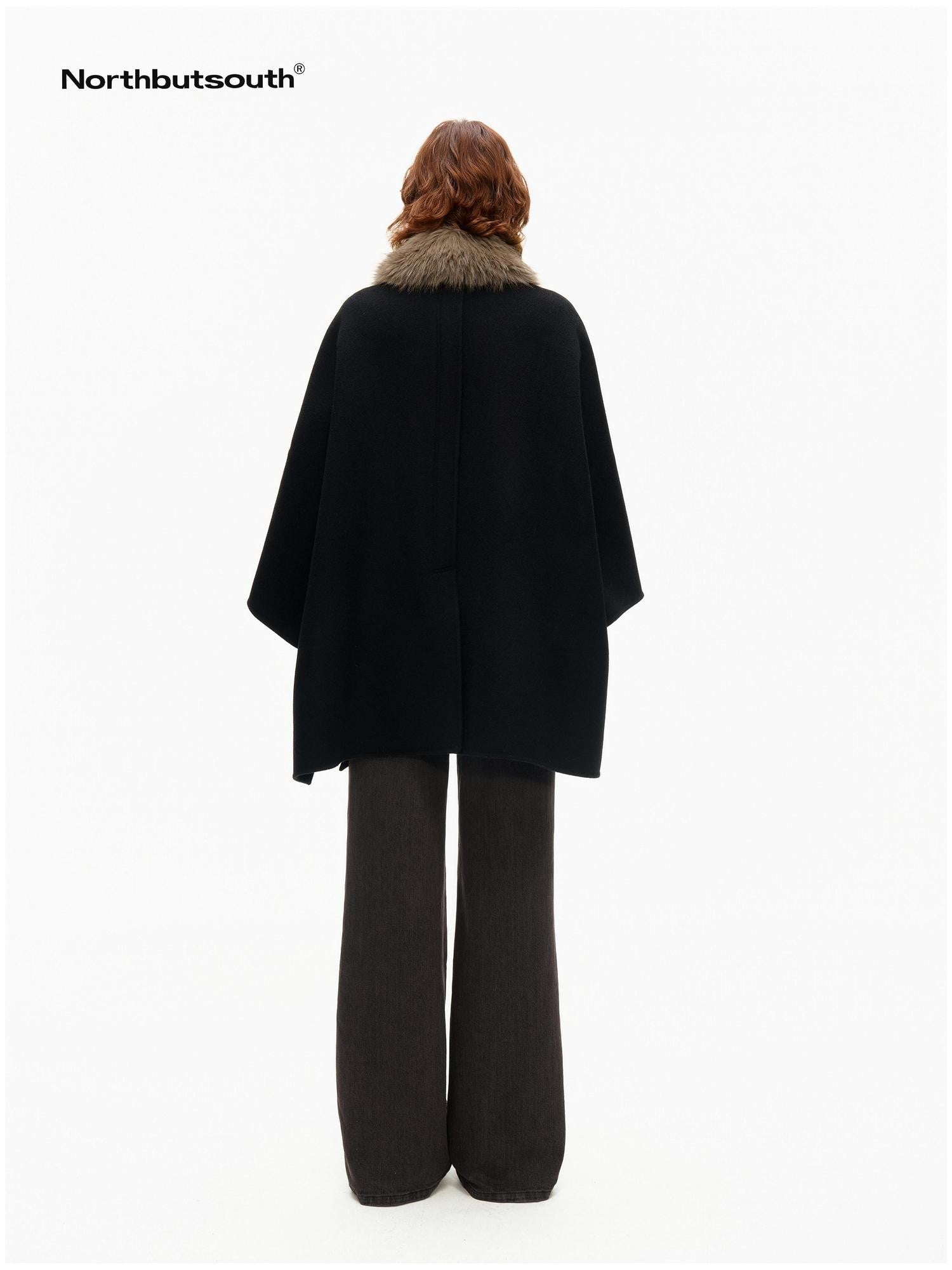 Northbutsouth Detachable Fur Collar Cape Batwing Women&