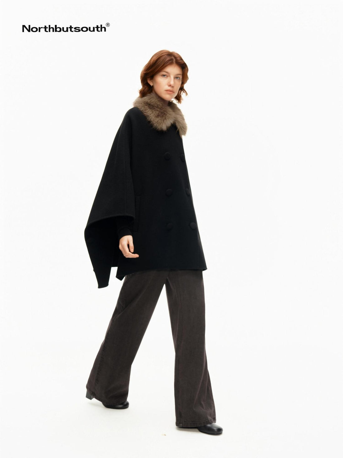 Northbutsouth Detachable Fur Collar Cape Batwing Women&