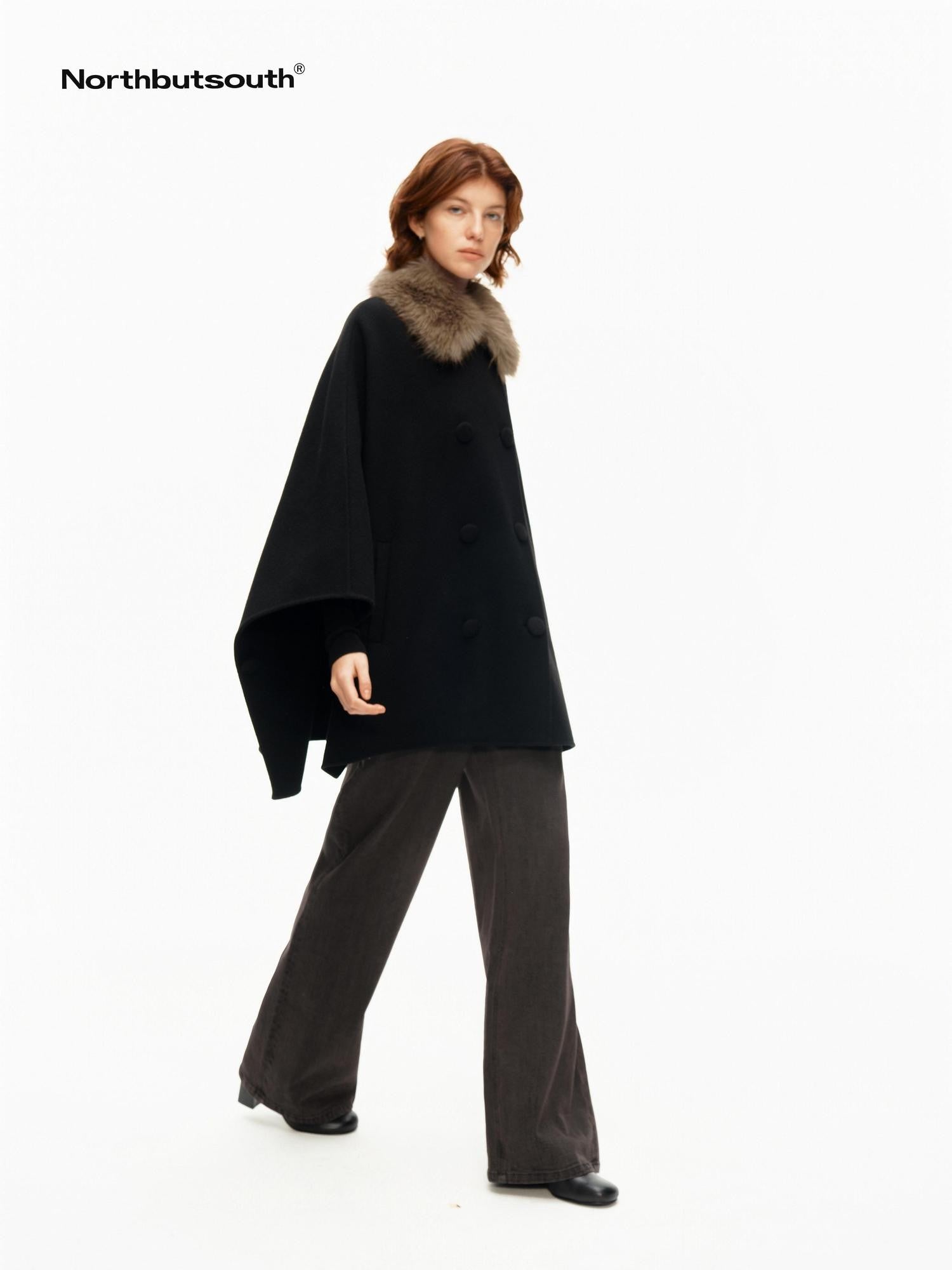 Northbutsouth Detachable Fur Collar Cape Batwing Women&