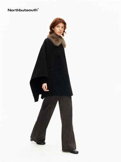 Northbutsouth Detachable Fur Collar Cape Batwing Women&