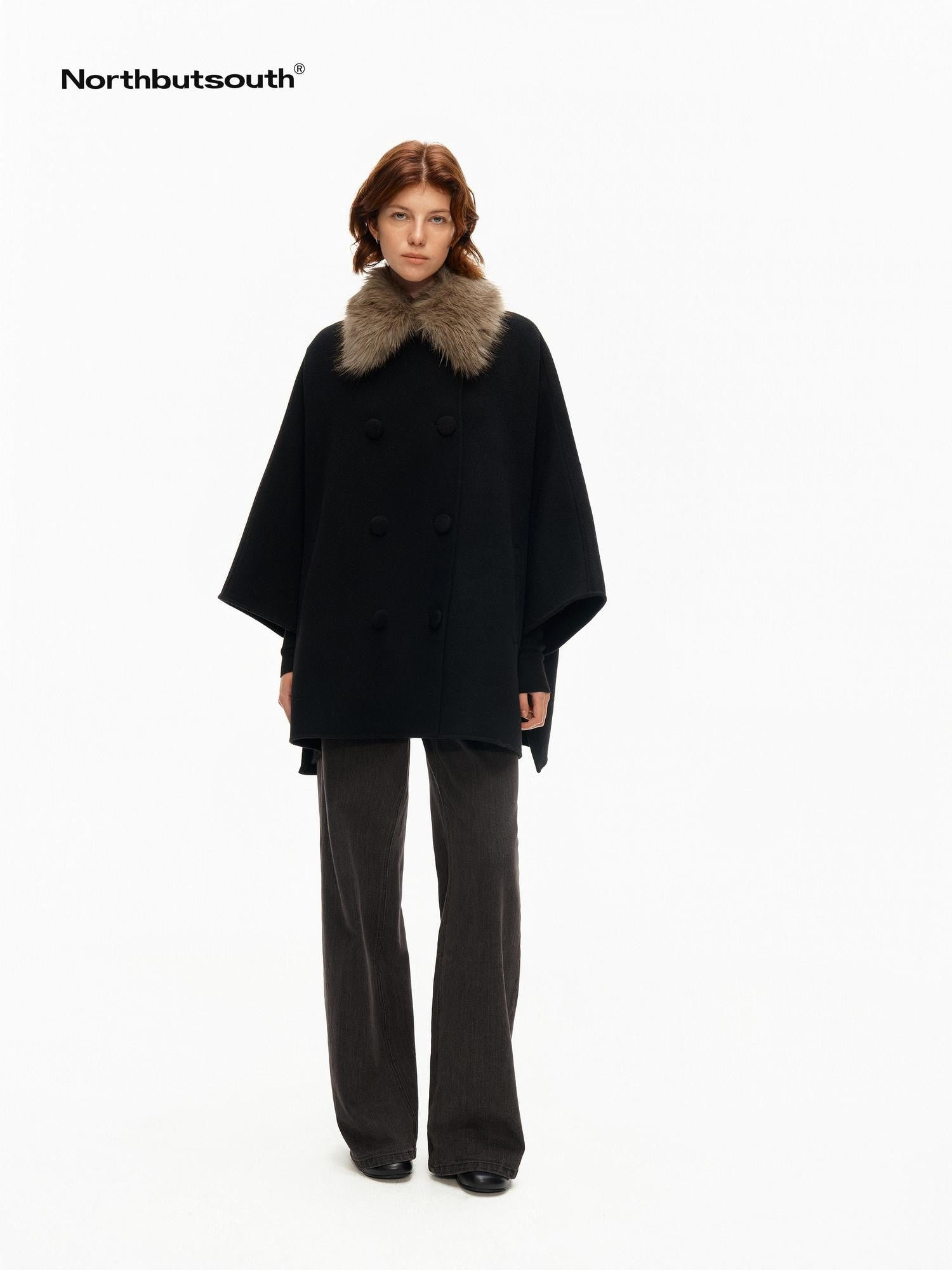 Northbutsouth Detachable Fur Collar Cape Batwing Women&