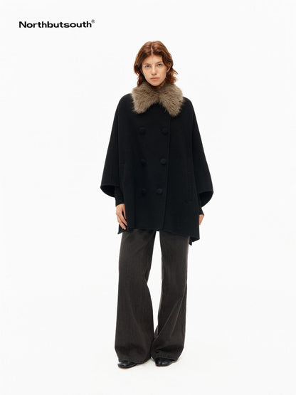 Northbutsouth Detachable Fur Collar Cape Batwing Women&