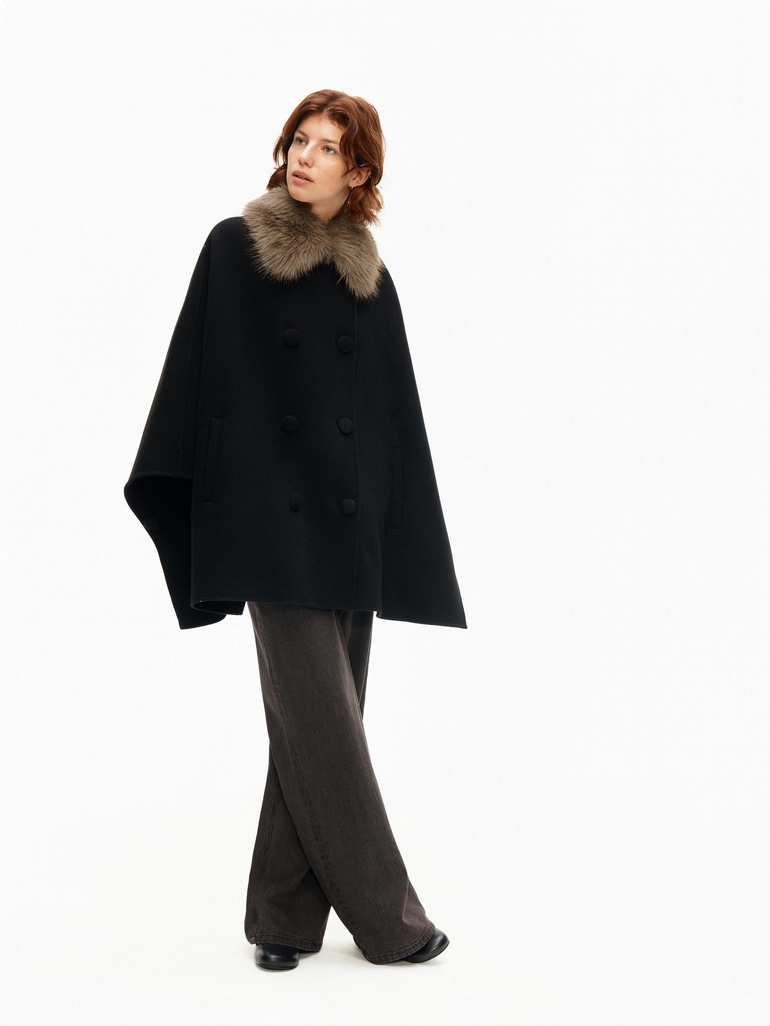 Northbutsouth Detachable Fur Collar Cape Batwing Women&