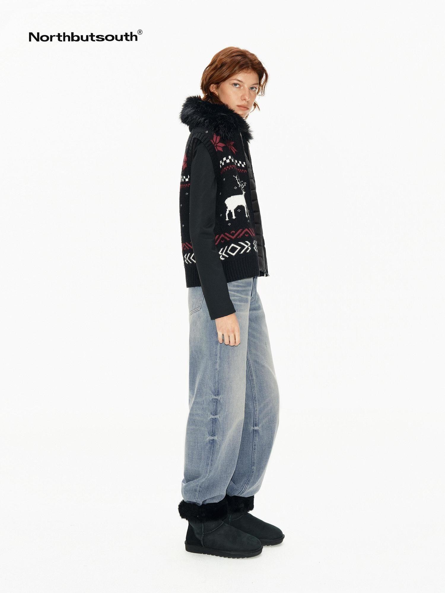 Northbutsouth Detachable Fur Collar Fair Isle Reindeer Knit Women&