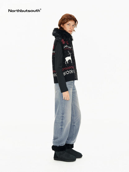 Northbutsouth Detachable Fur Collar Fair Isle Reindeer Knit Women&