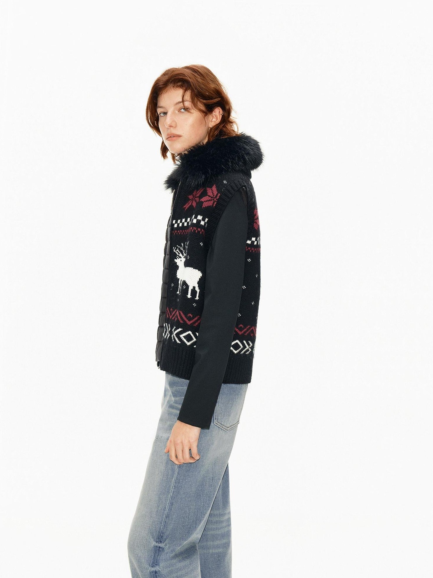 Northbutsouth Detachable Fur Collar Fair Isle Reindeer Knit Women&