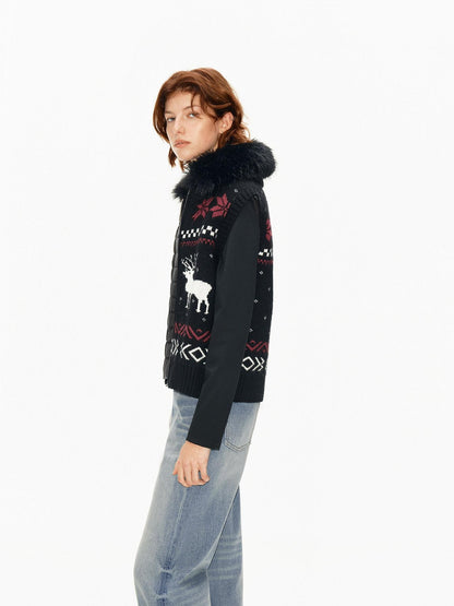Northbutsouth Detachable Fur Collar Fair Isle Reindeer Knit Women&