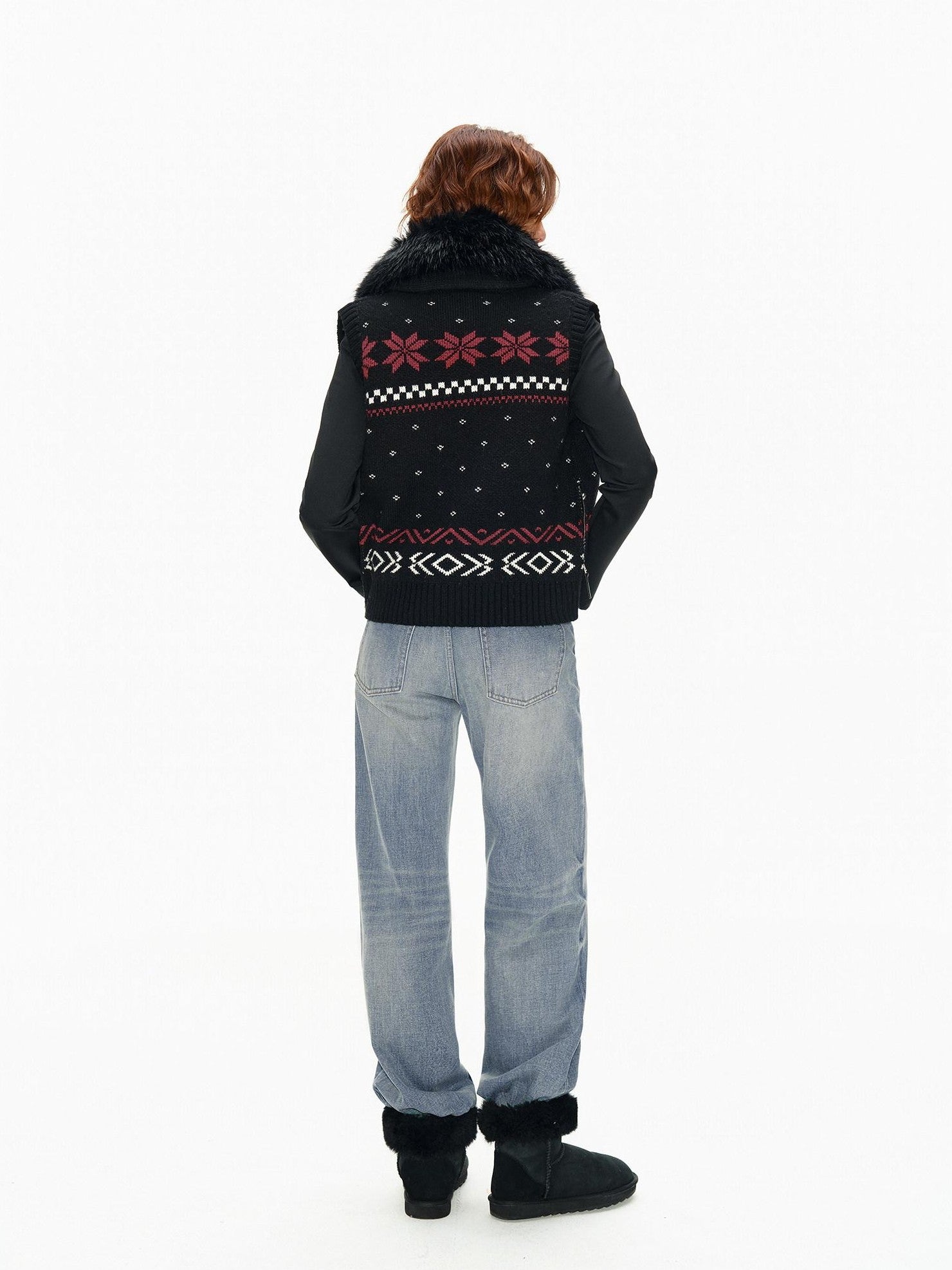 Northbutsouth Detachable Fur Collar Fair Isle Reindeer Knit Women&