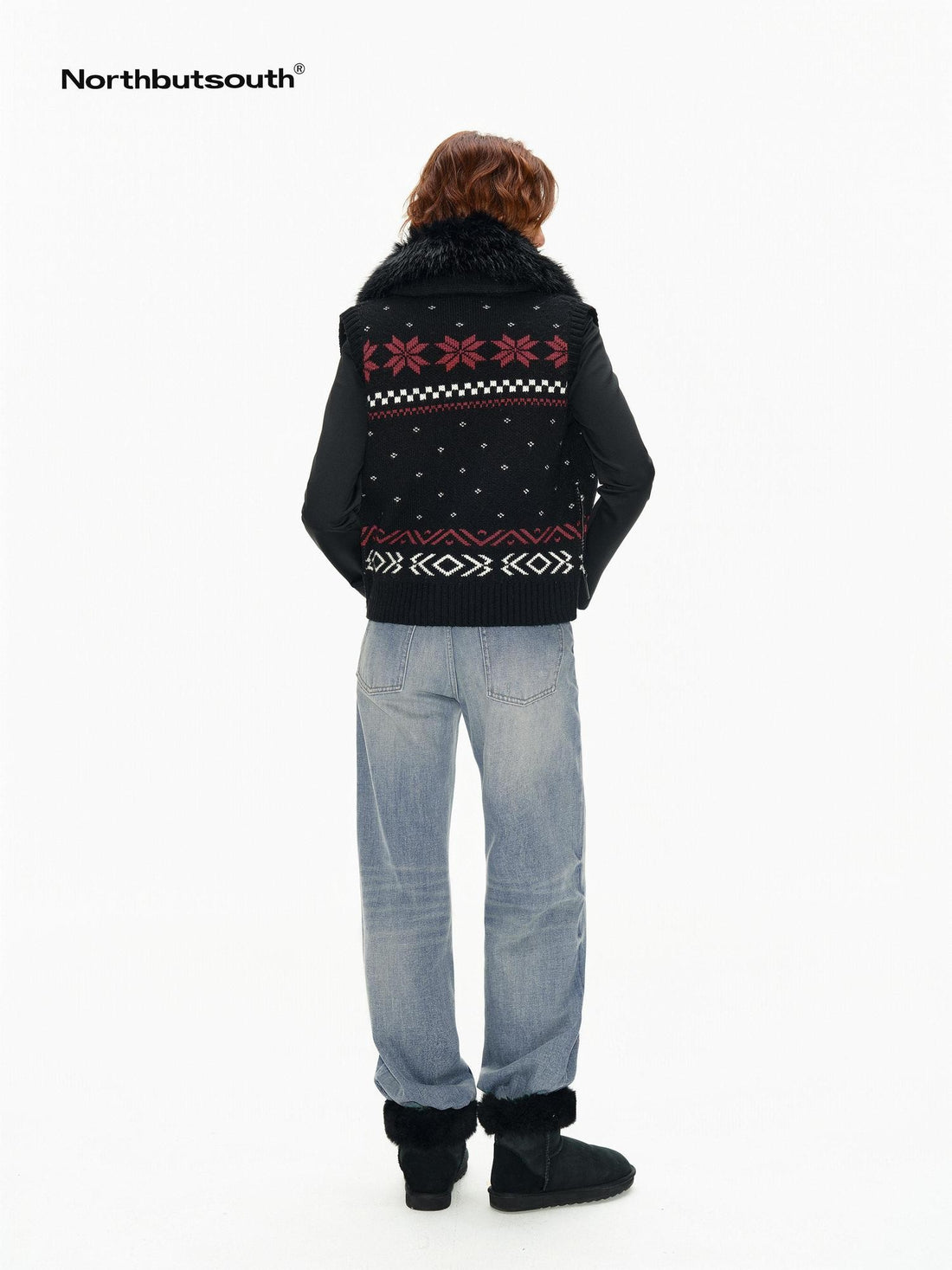 Northbutsouth Detachable Fur Collar Fair Isle Reindeer Knit Women&