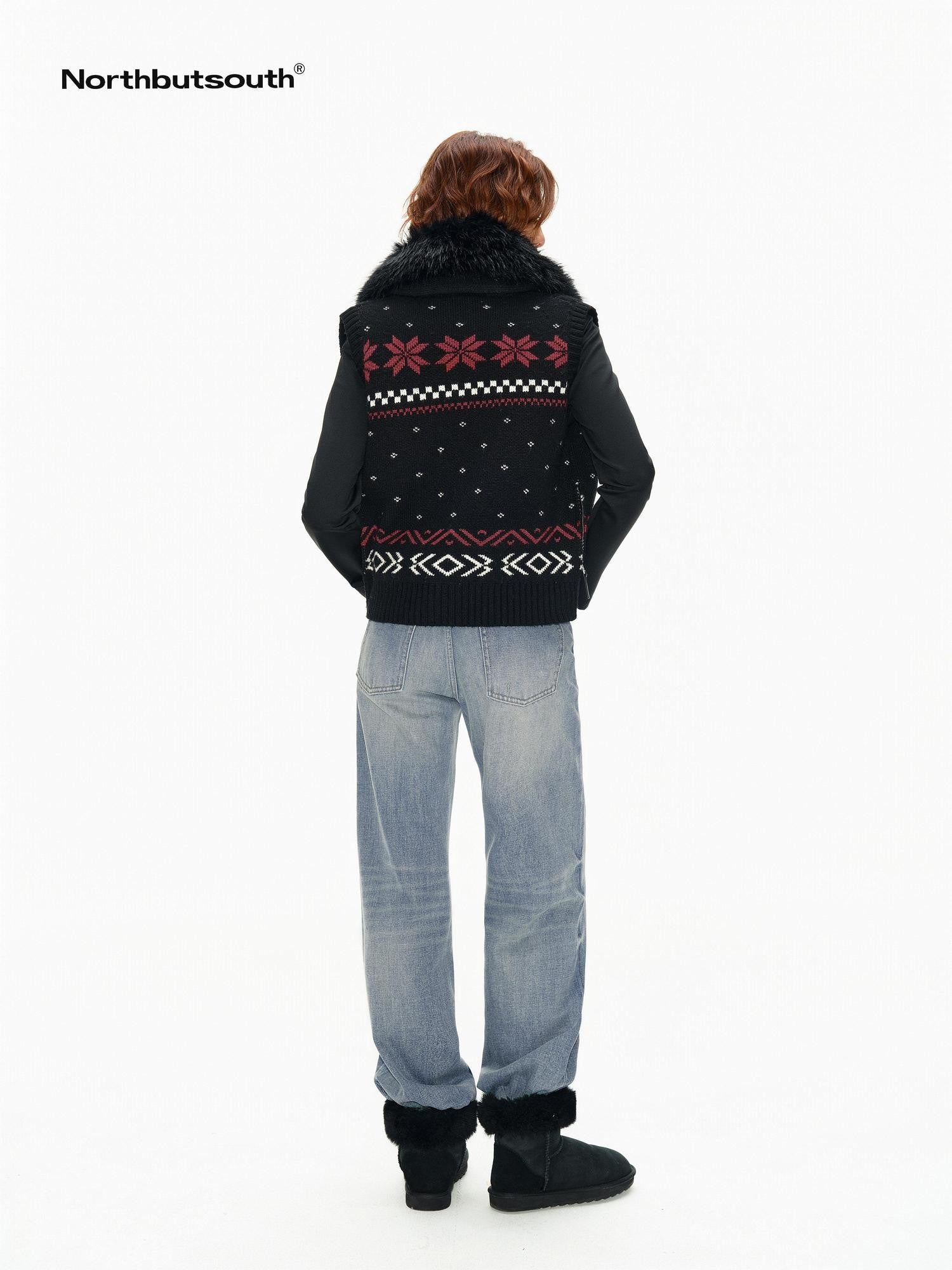Northbutsouth Detachable Fur Collar Fair Isle Reindeer Knit Women&