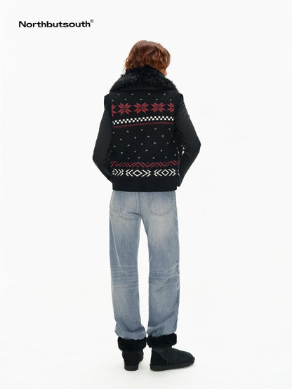 Northbutsouth Detachable Fur Collar Fair Isle Reindeer Knit Women&