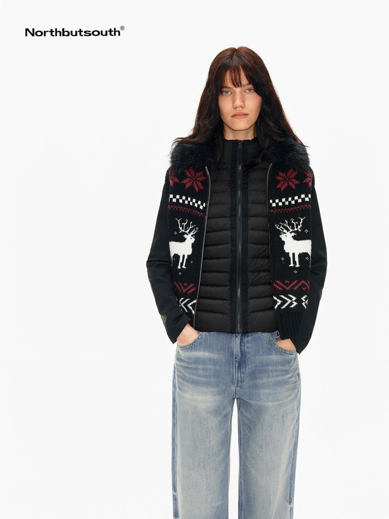Northbutsouth Detachable Fur Collar Fair Isle Reindeer Knit Women&