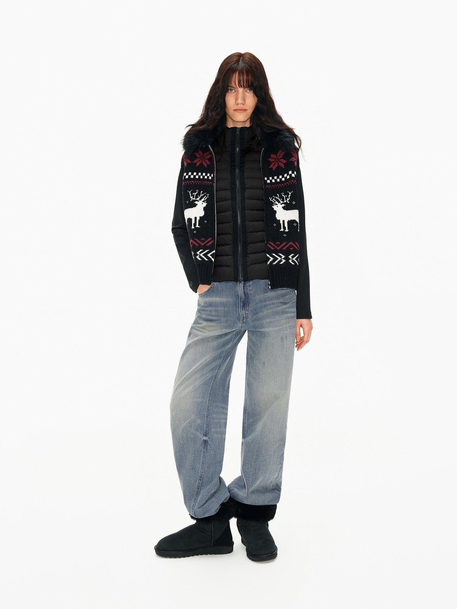 Northbutsouth Detachable Fur Collar Fair Isle Reindeer Knit Women&