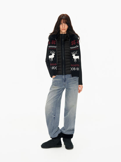 Northbutsouth Detachable Fur Collar Fair Isle Reindeer Knit Women&