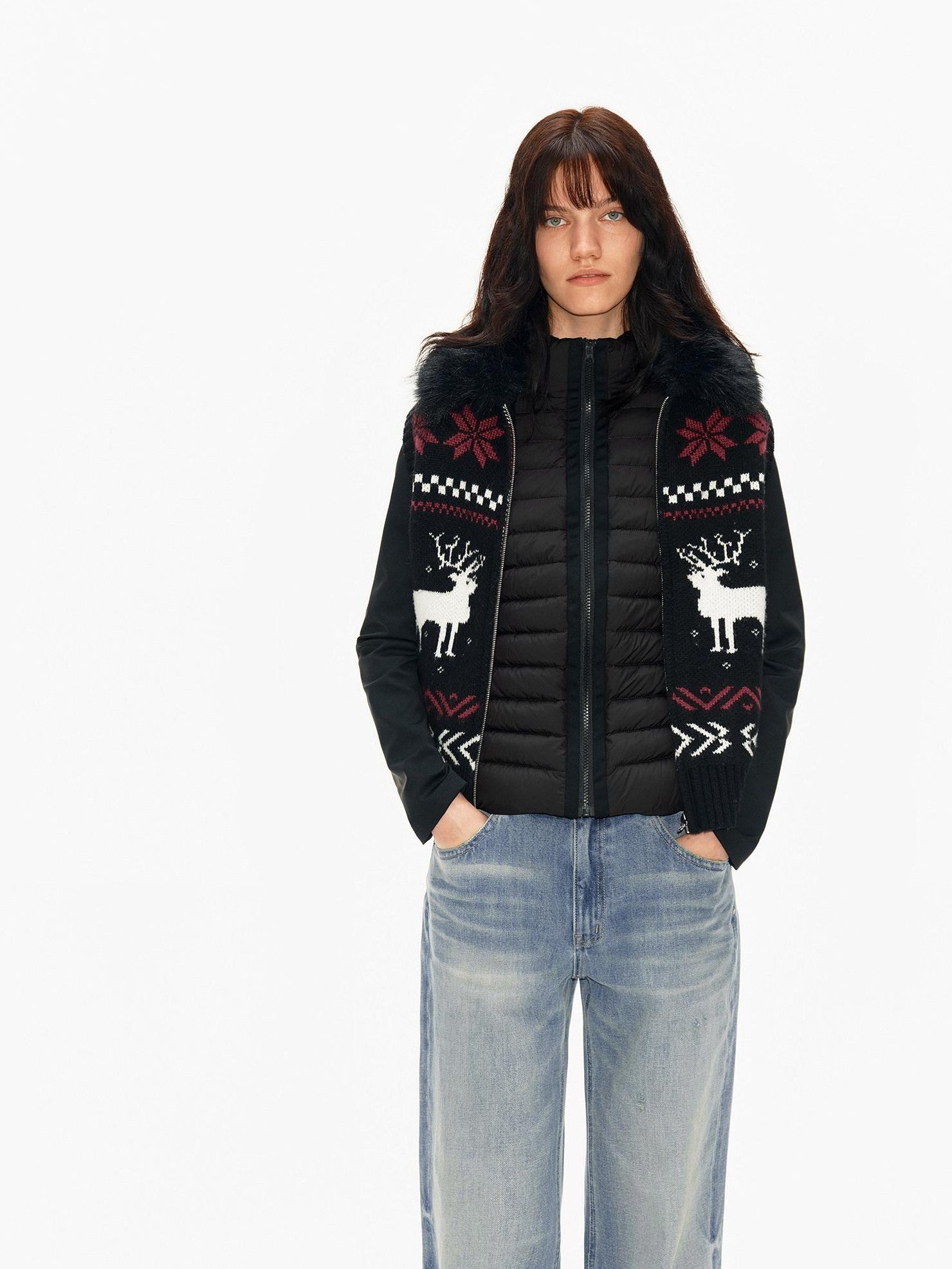 Northbutsouth Detachable Fur Collar Fair Isle Reindeer Knit Women&