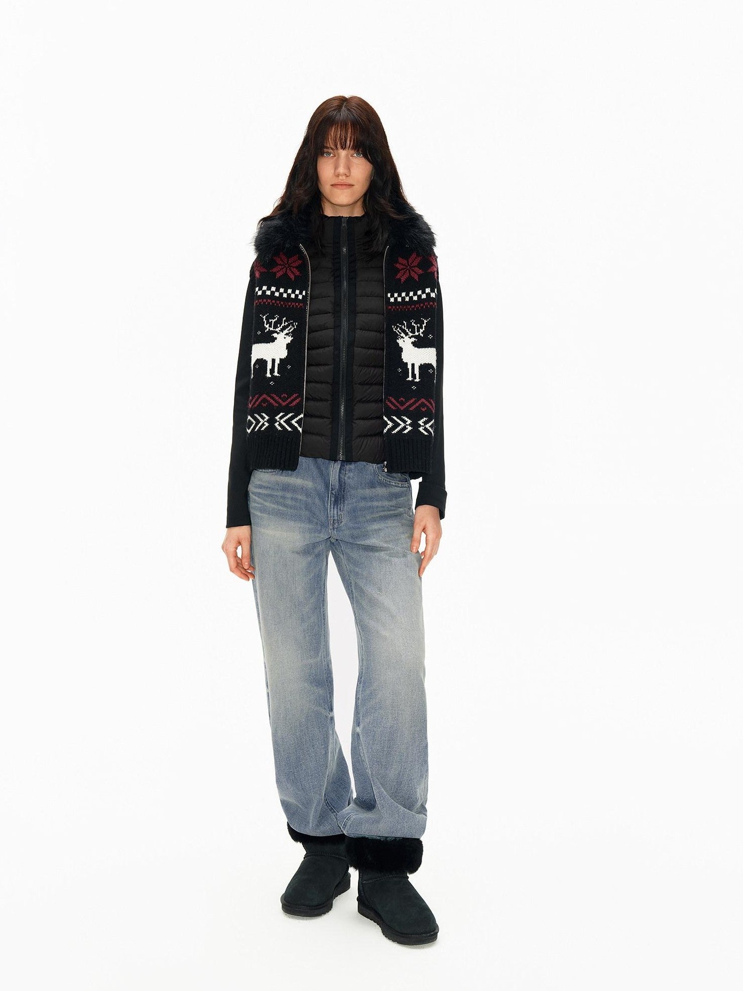 Northbutsouth Detachable Fur Collar Fair Isle Reindeer Knit Women&