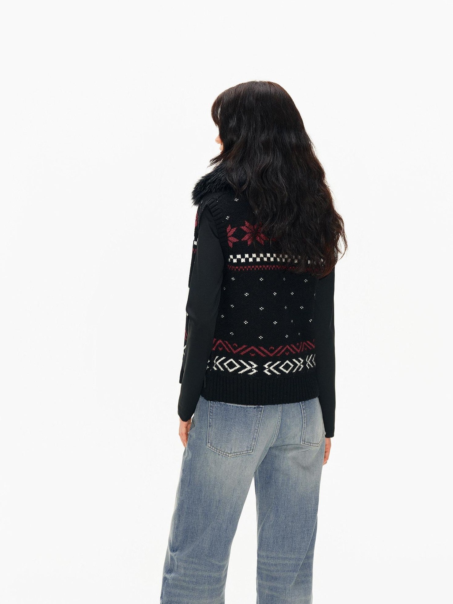 Northbutsouth Detachable Fur Collar Fair Isle Reindeer Knit Women&