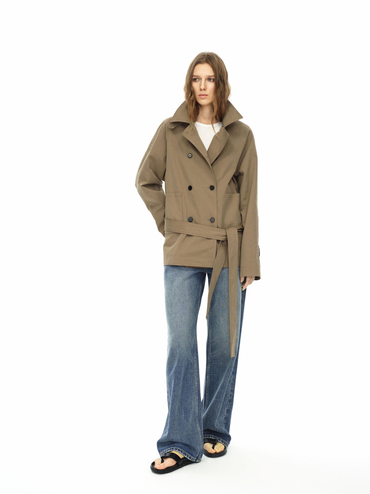 Northbutsouth Double Breasted Tied Waist Short Coat With Detachable Belt
