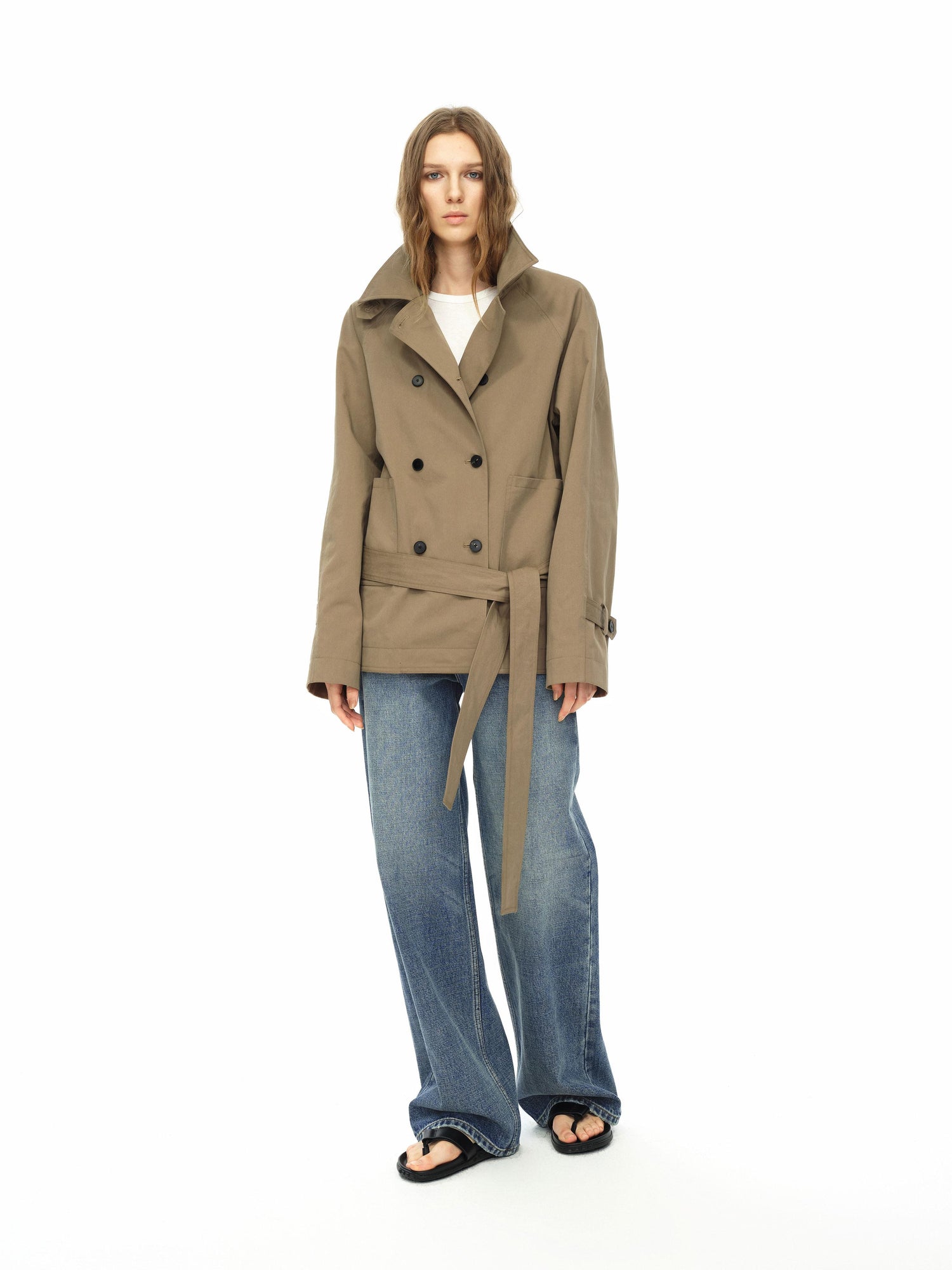 Northbutsouth Double Breasted Tied Waist Short Coat With Detachable Belt