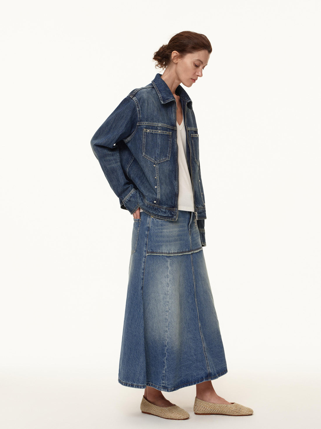 Northbutsouth Double Zip Rivet Denim Jacket With Paris Button