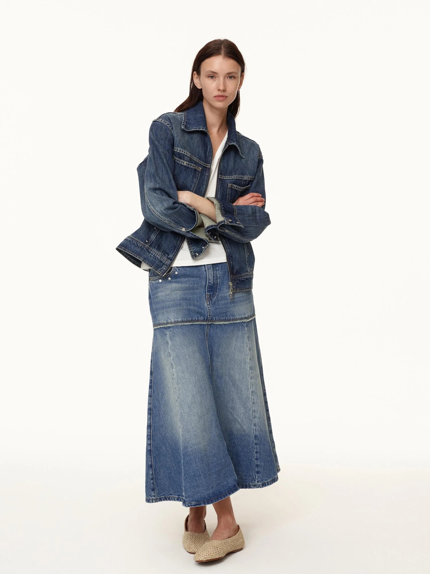 Double Zip Rivet Denim Jacket With Paris Button